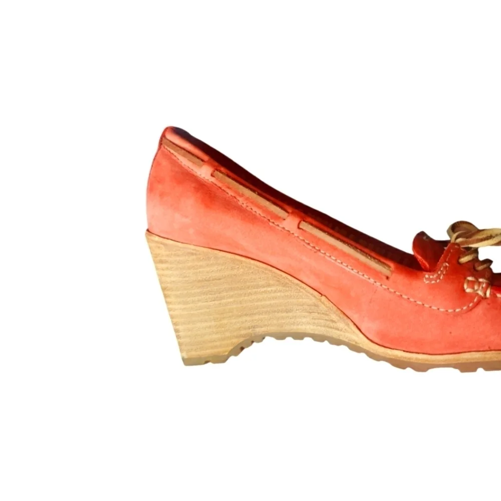 Timberland Coral Red Leather Wedge Heel Boat Shoes Size 6.5M